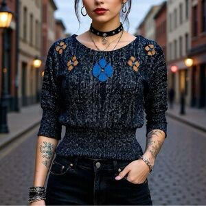 Vintage black metallic flower sweater 60s 70s mod mid century modern glitter